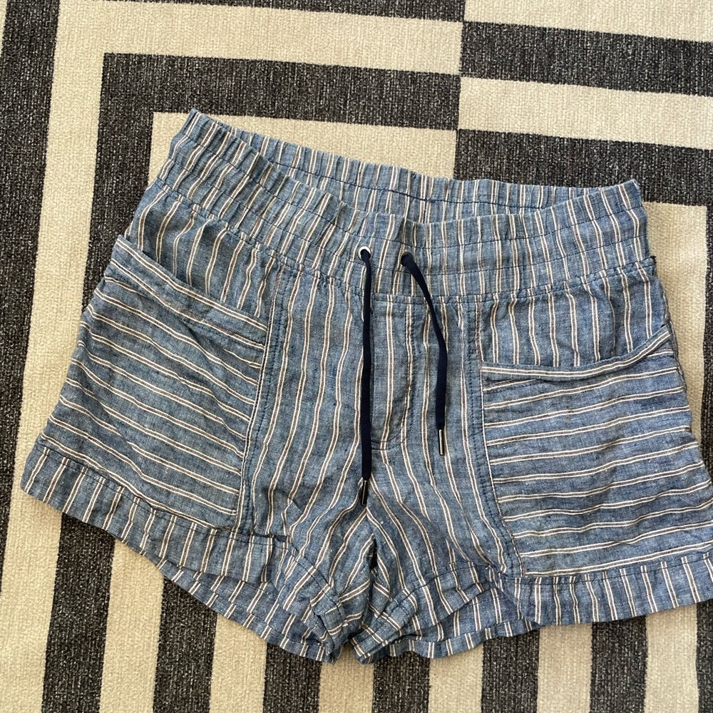Athleta linen Navy and White Striped Shorts